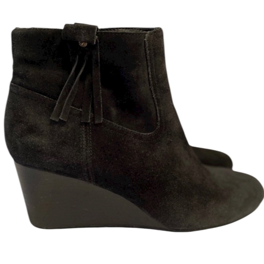 Cole Haan Elsie black suede wedge boots with fringe detail